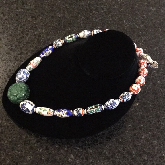 Vintage Caved Jade & Ceramic Painted Bead Necklace - Picture 6 of 16